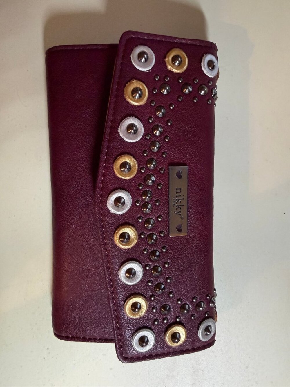 Nikky Burgundy Studded Tri-Fold Wallet Snap Closure, Beige Interior, CC